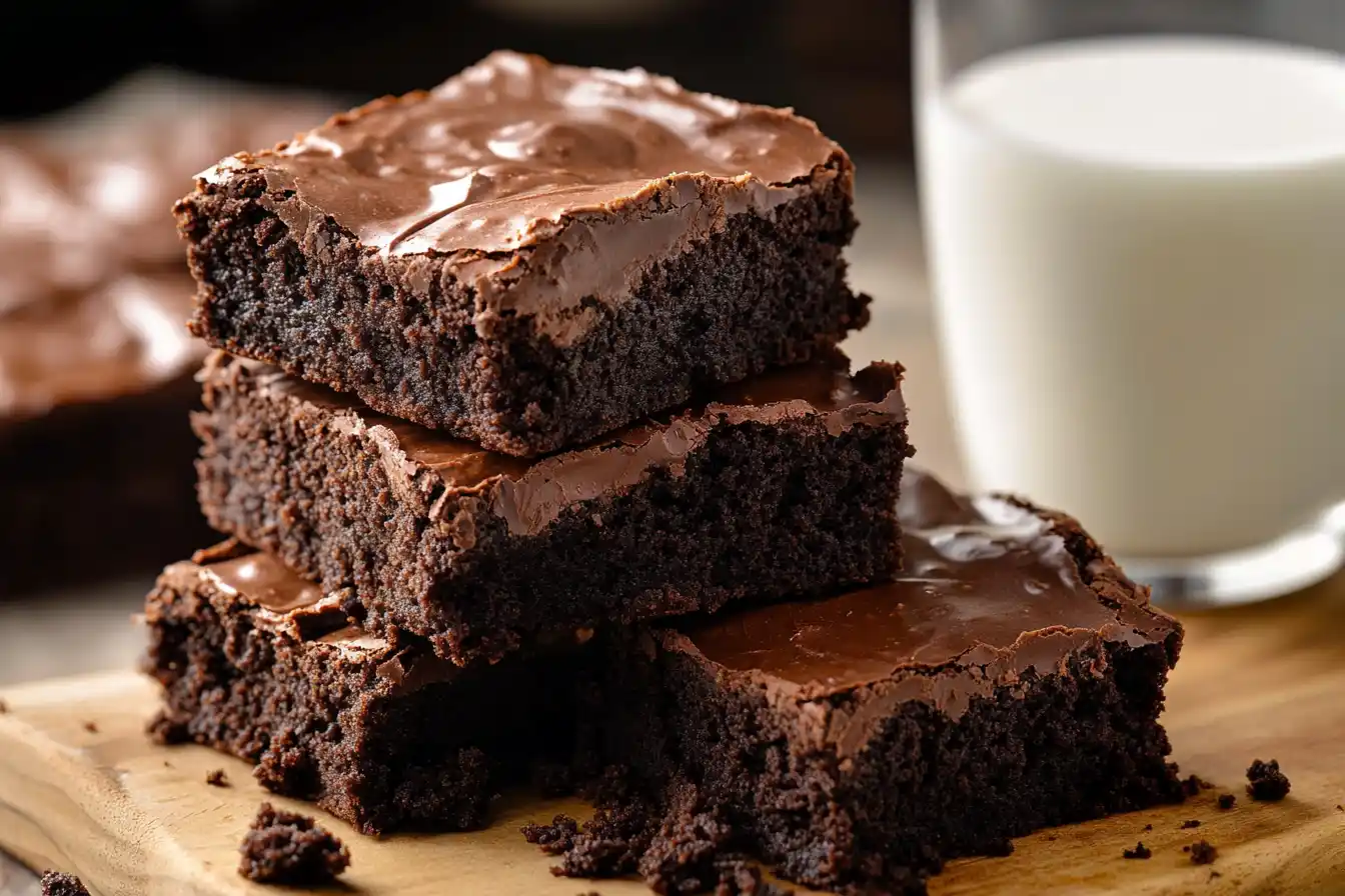 A stack of fudgy Lunch Lady Brownies topped with glossy chocolate frosting, sitting on a rustic wooden board.