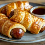 Golden, flaky crescent roll-wrapped sausages on a plate with maple syrup for dipping.
