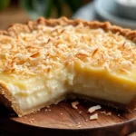 A freshly baked French Coconut Pie with a golden flaky crust and caramelized coconut filling, served on a rustic wooden table.