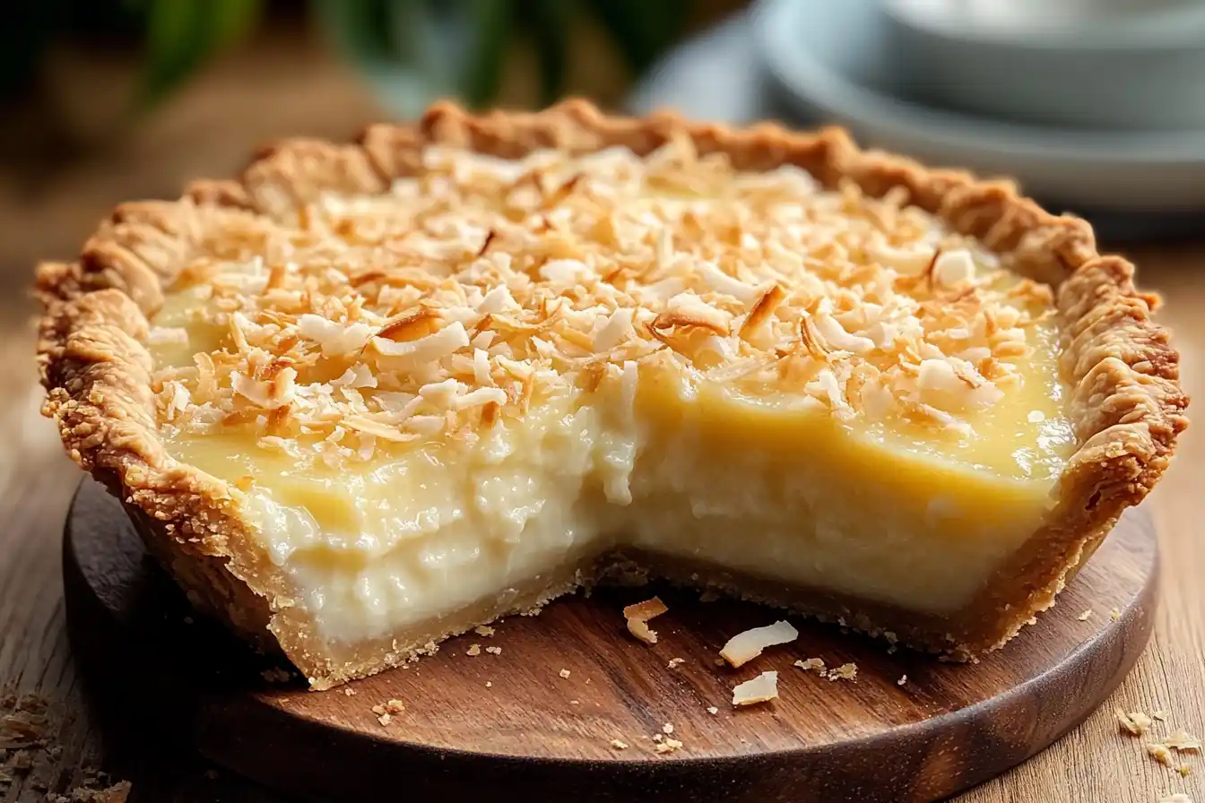 A freshly baked French Coconut Pie with a golden flaky crust and caramelized coconut filling, served on a rustic wooden table.