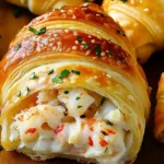 Golden crab and cheese filled crescent rolls served on a rustic wooden board with dipping sauce