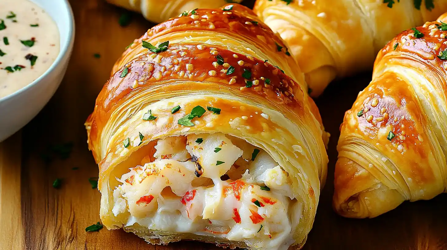 Golden crab and cheese filled crescent rolls served on a rustic wooden board with dipping sauce