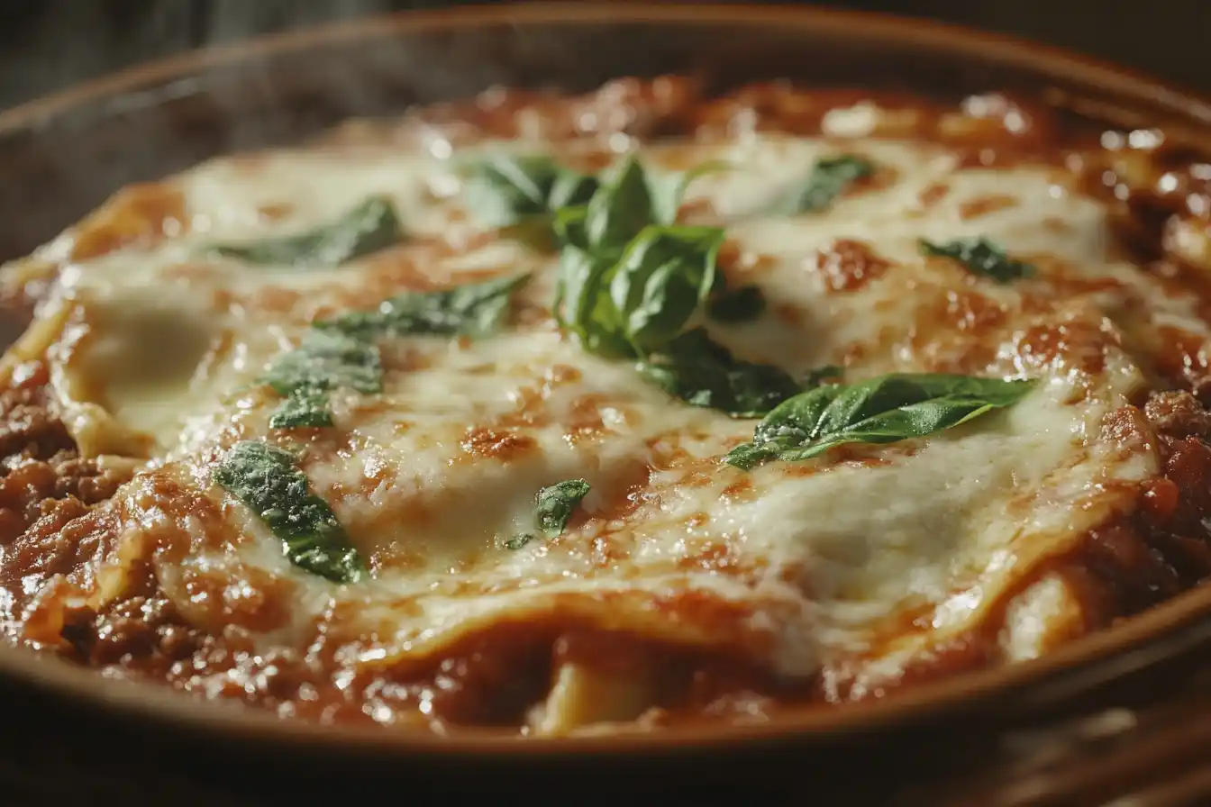 A delicious, cheesy Crockpot Ravioli Lasagna served in a bowl with fresh basil on top, showcasing layers of ravioli, meat sauce, and melted cheese.