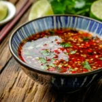A vibrant bowl of homemade Dragon Sauce with chili peppers, garlic, and lime on a wooden table.