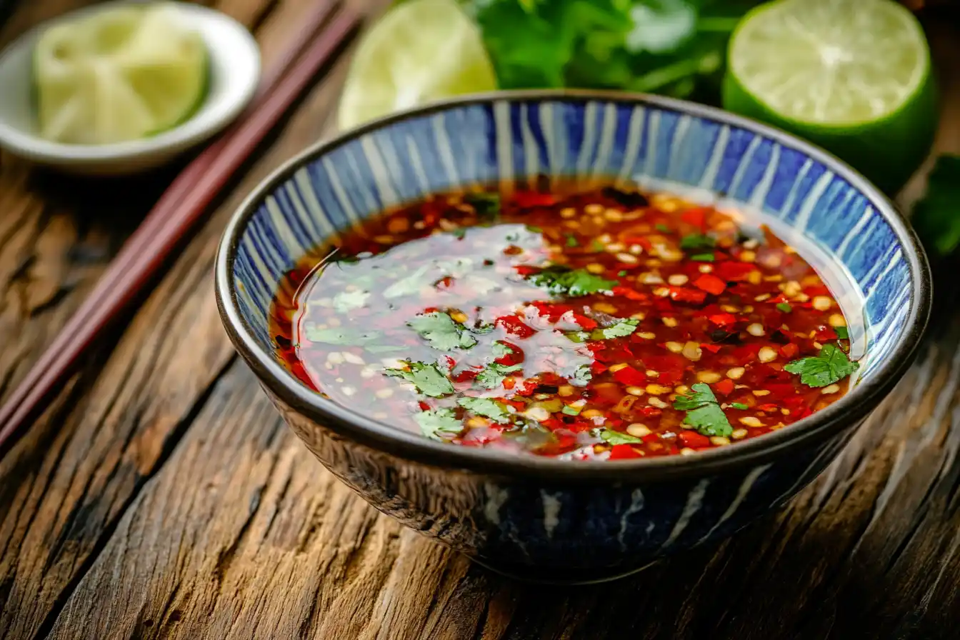 A vibrant bowl of homemade Dragon Sauce with chili peppers, garlic, and lime on a wooden table.