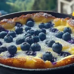 Golden Blueberry Lemon Dutch Baby pancake in cast iron skillet topped with powdered sugar and blueberries