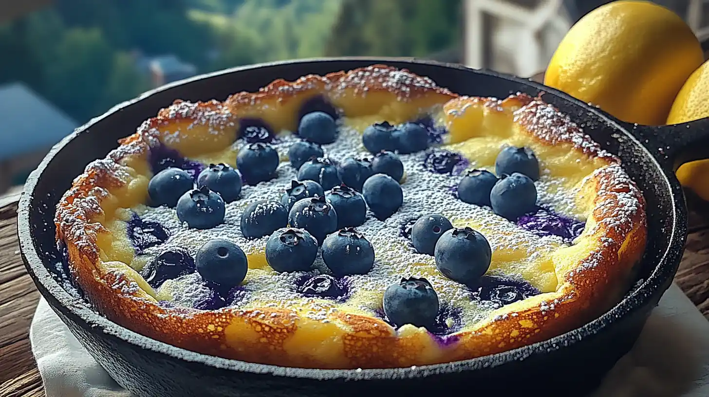 Golden Blueberry Lemon Dutch Baby pancake in cast iron skillet topped with powdered sugar and blueberries