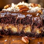 A rich, moist German Chocolate Poke Cake with caramel filling, coconut-pecan frosting, and a drizzle of melted chocolate on top.