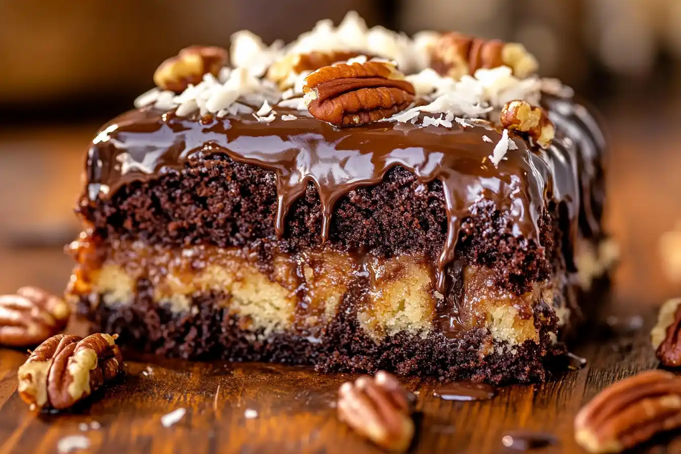 A rich, moist German Chocolate Poke Cake with caramel filling, coconut-pecan frosting, and a drizzle of melted chocolate on top.