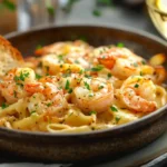A serving of Shrimp Scampi Pasta Bake plated with a side of garlic bread and a glass of white wine.