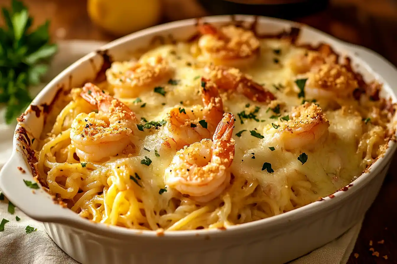 A golden-baked Shrimp Scampi Pasta Bake in a white dish, topped with crispy breadcrumbs, fresh parsley, and melted cheese.
