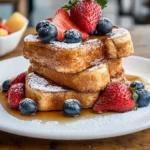 A plate of golden-brown Hawaiian Roll French Toast topped with powdered sugar, fresh berries, and a drizzle of maple syrup.