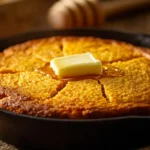 Moist sweet potato cornbread recipe in cast iron skillet with golden crust