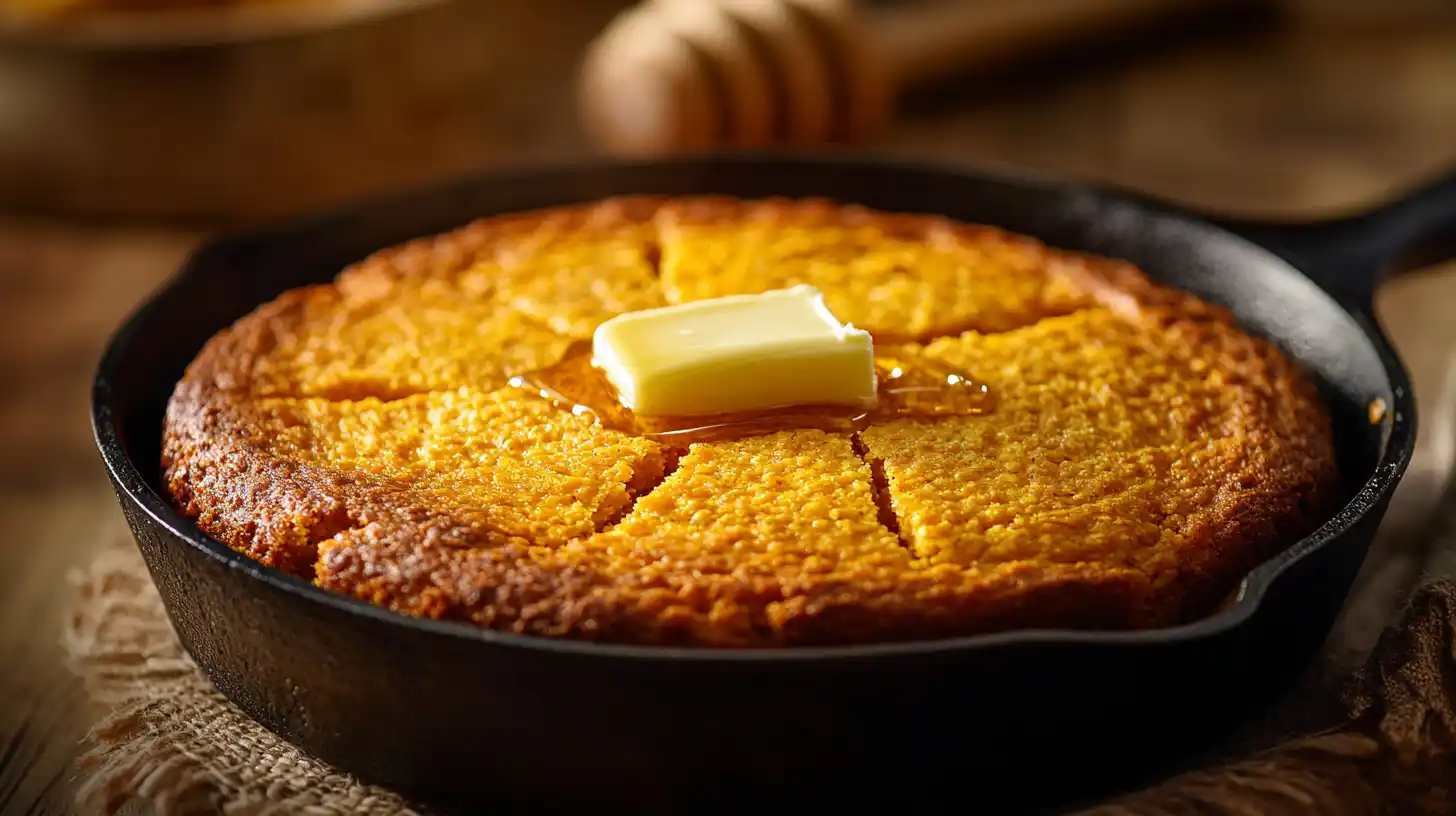 Moist sweet potato cornbread recipe in cast iron skillet with golden crust