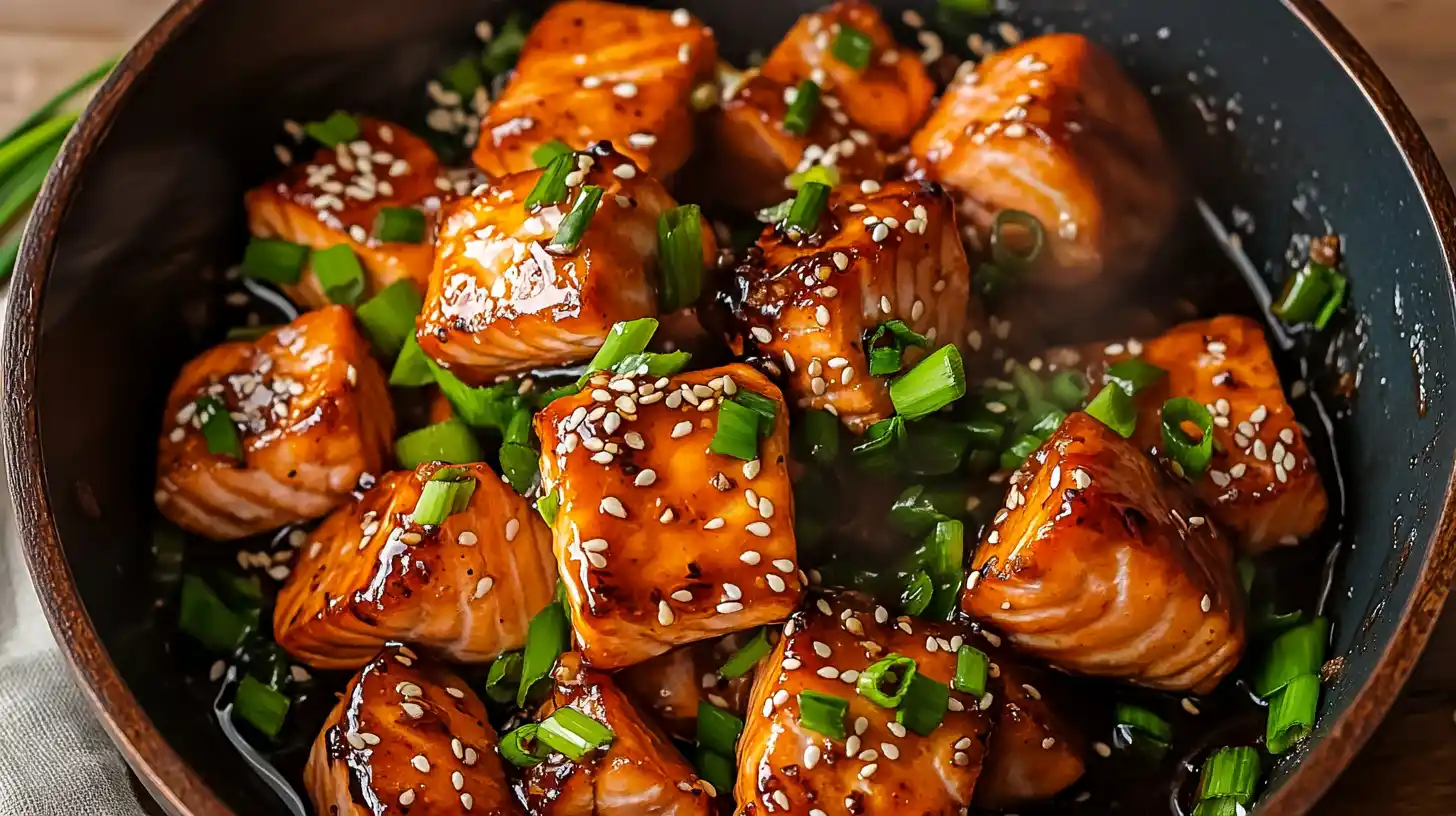 Golden seared honey garlic salmon bites in a skillet with sticky glaze