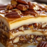 A slice of Pecan Pie Lasagna on a plate with whipped topping, chopped pecans, and caramel drizzle.