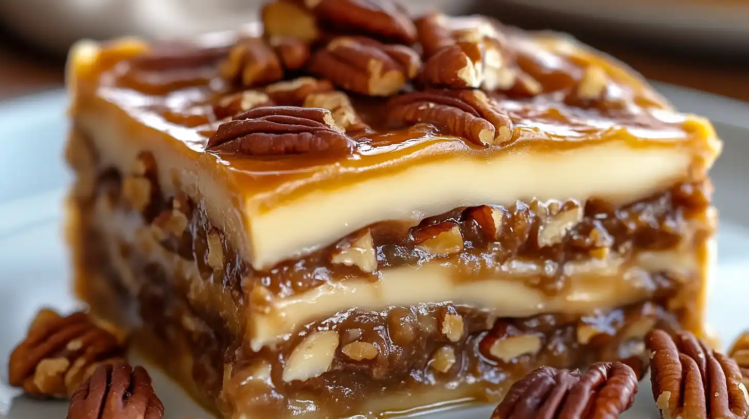 A slice of Pecan Pie Lasagna on a plate with whipped topping, chopped pecans, and caramel drizzle.