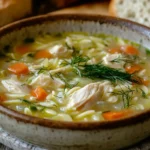 A bowl of Greek lemon chicken and orzo soup garnished with fresh dill, served with crusty bread