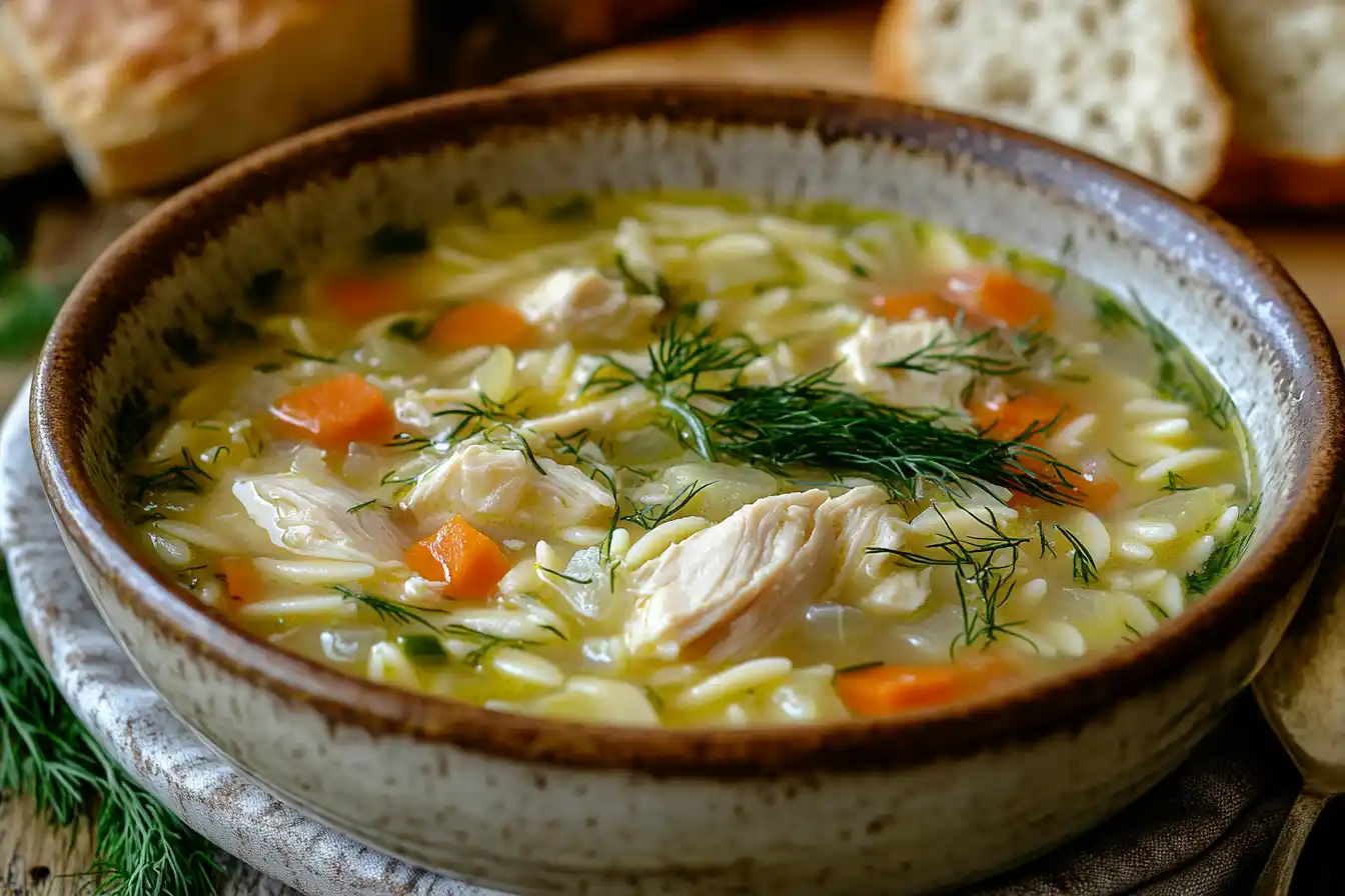 A bowl of Greek lemon chicken and orzo soup garnished with fresh dill, served with crusty bread