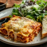 A plate of Crockpot Ravioli Lasagna served with garlic bread and a side salad, garnished with fresh basil and Parmesan.