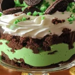 A vibrant St. Patrick’s Day Brownie Trifle layered with rich brownies, green vanilla pudding, whipped topping, and crushed mint Oreos, served in a glass trifle bowl.