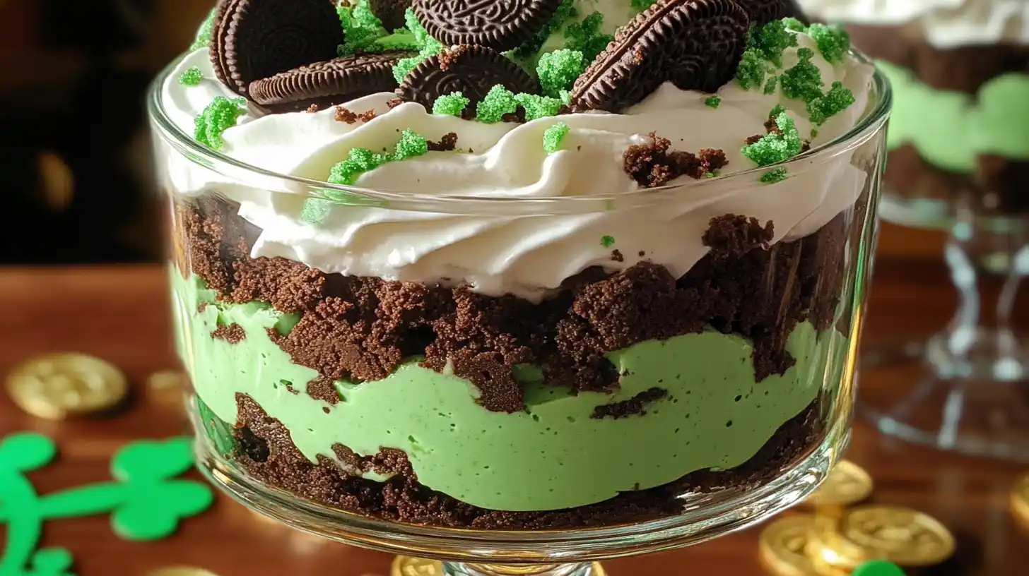 A vibrant St. Patrick’s Day Brownie Trifle layered with rich brownies, green vanilla pudding, whipped topping, and crushed mint Oreos, served in a glass trifle bowl.