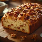 Freshly baked Sweet Alabama Pecan Bread sliced on a wooden cutting board, showing its moist texture and crunchy pecan topping.