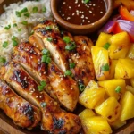 Delicious teriyaki chicken and pineapple foil packets served on a wooden plate, garnished with sesame seeds and green onions.