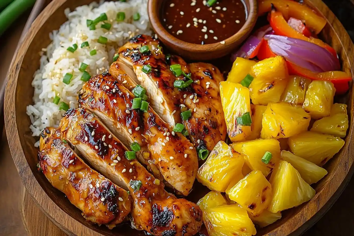 Delicious teriyaki chicken and pineapple foil packets served on a wooden plate, garnished with sesame seeds and green onions.