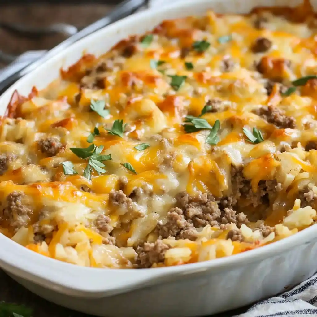 Baked ground beef and hash brown casserole topped with melted cheddar cheese and fresh parsley in a white dish.