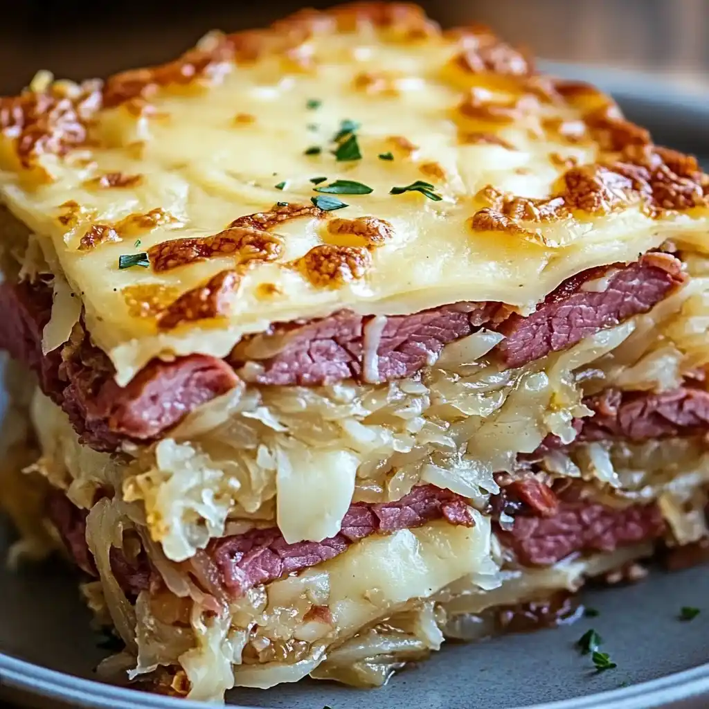 Close-up of a Reuben Bake with Layers of Corned Beef, sauerkraut, and melted Swiss cheese, baked to golden perfection.