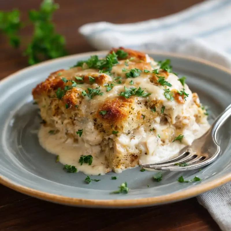 Served plate of Chicken and Stuffing Casserole