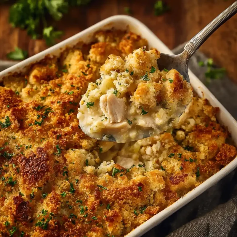 Dolly’s chicken and stuffing casserole with crispy topping