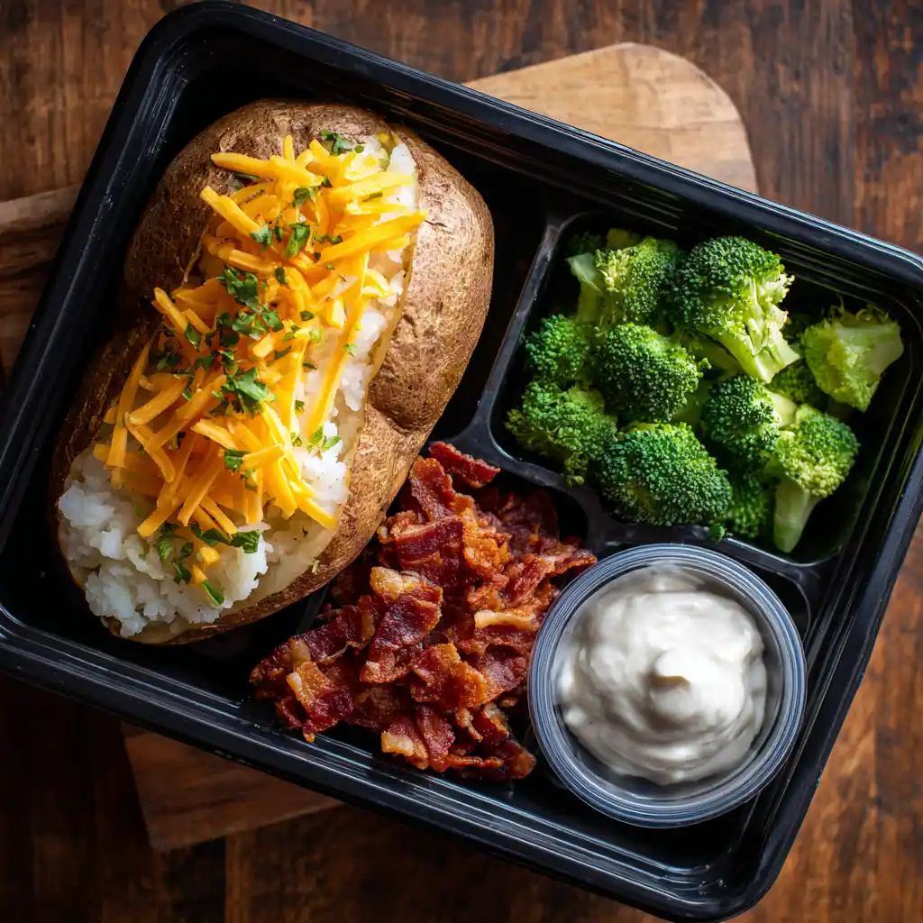 Baked potato lunchbox idea with toppings in a lunch container
