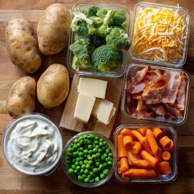 Ingredients for baked potato lunchbox including potatoes, cheese, and veggies