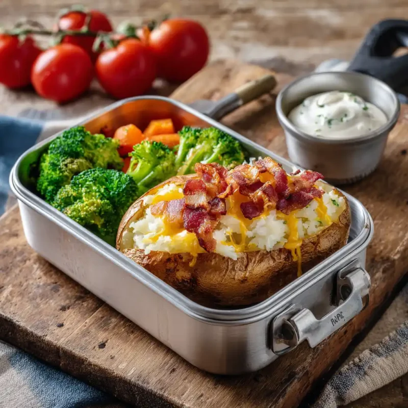Served baked potato lunchbox with toppings and veggies