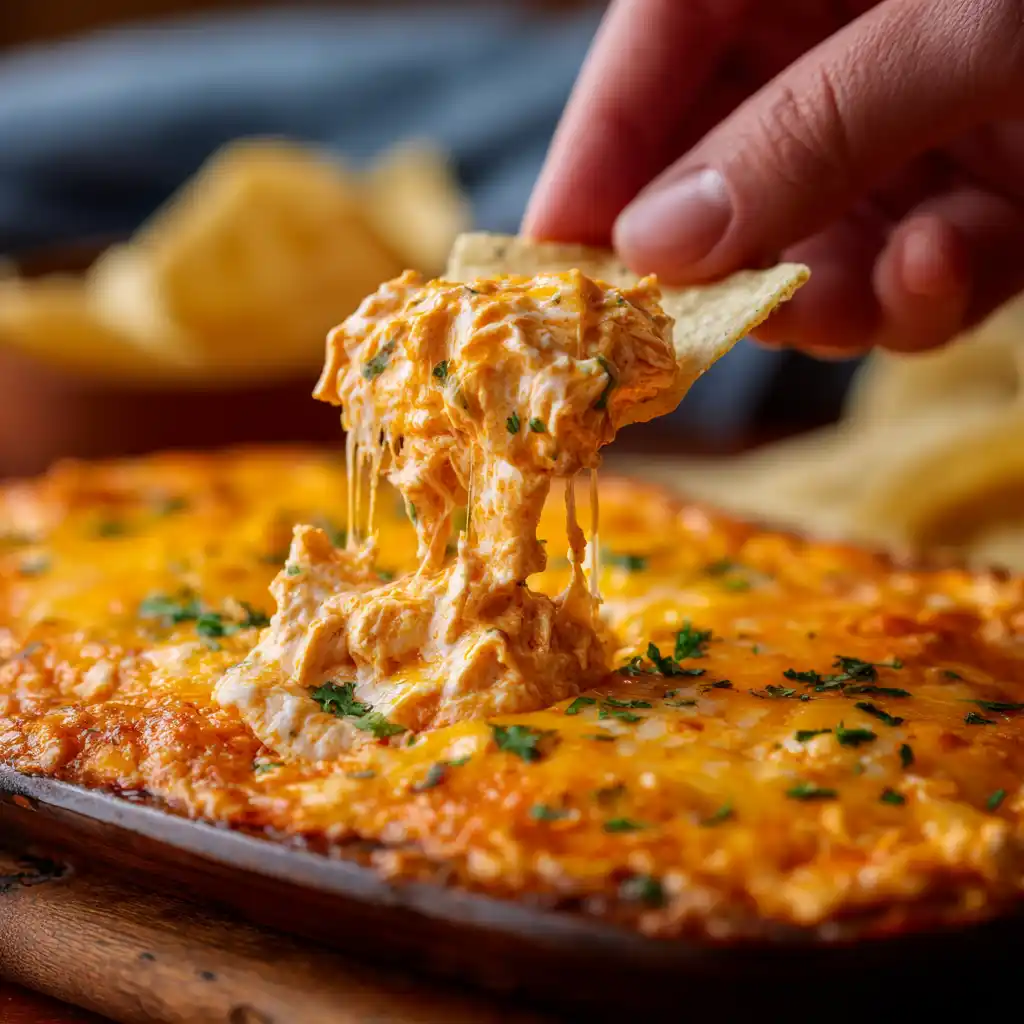 Buffalo Chicken Dip in Baking Dish with Chips