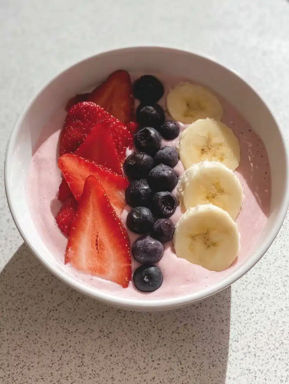 A colorful fruit smoothie bowl topped with fresh fruits and seeds