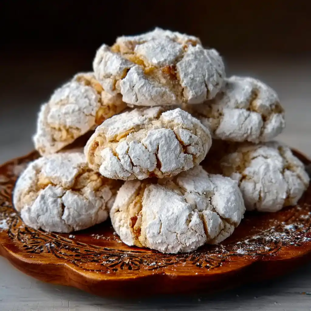 Almond Walnut Crinkle Cookies on wooden board