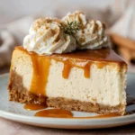 Apple Cider Cheesecake with caramel drizzle and cinnamon