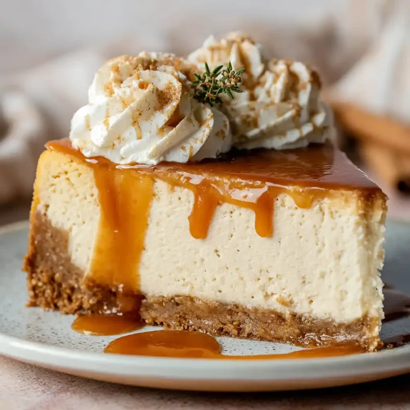 Apple Cider Cheesecake with caramel drizzle and cinnamon