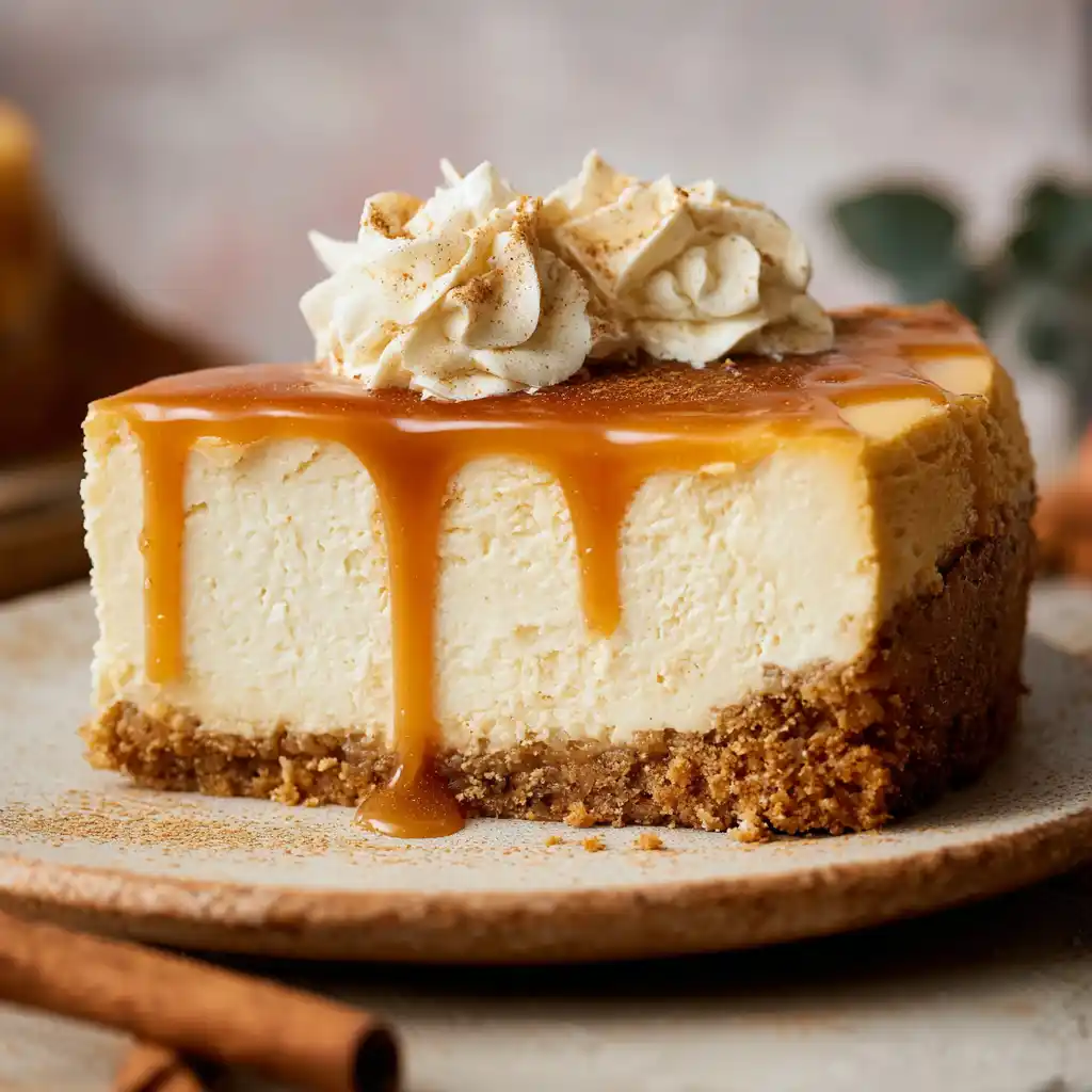 Apple Cider Cheesecake with caramel drizzle and cinnamon