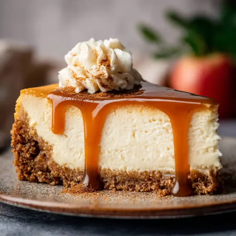 Apple Cider Cheesecake with caramel drizzle and cinnamon