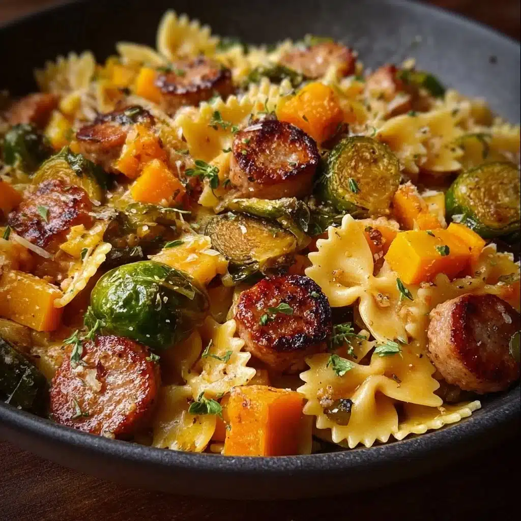 Delicious autumn sausage pasta with squash in a creamy sauce.