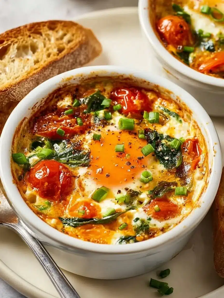 Baked feta eggs topped with herbs and spices in a serving dish.