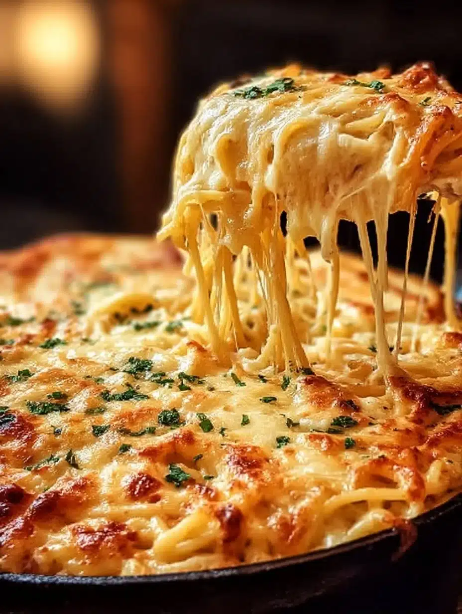 Baked spaghetti casserole topped with cheese and herbs, a delicious comfort dish.
