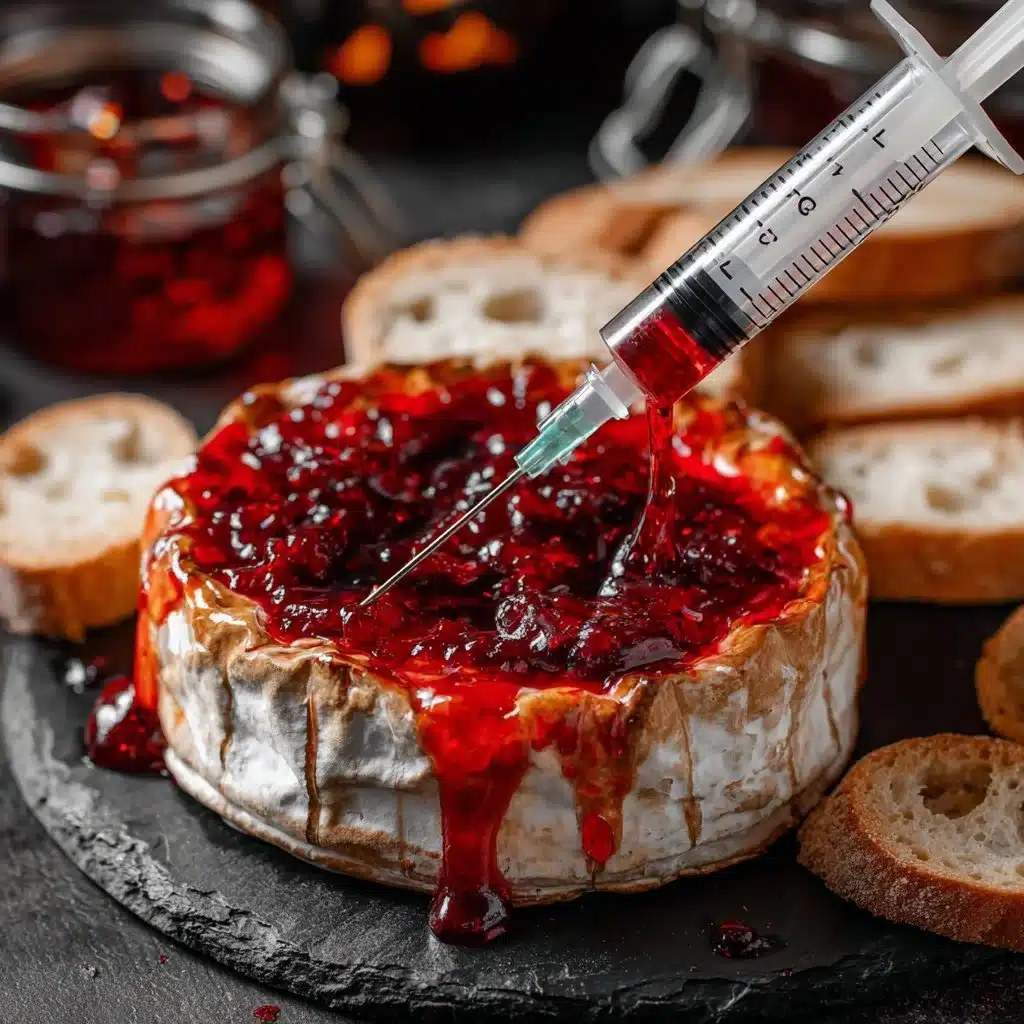 Delicious Bloody Baked Brie topped with tangy sauce and served warm