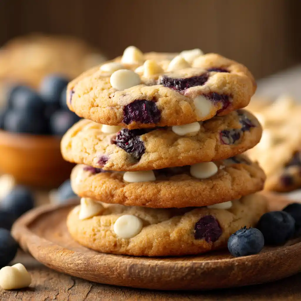 Blueberry White Chocolate Chip Cookies stacked with white chocolate chunks
