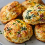 Golden breakfast protein biscuits topped with chives on a plate