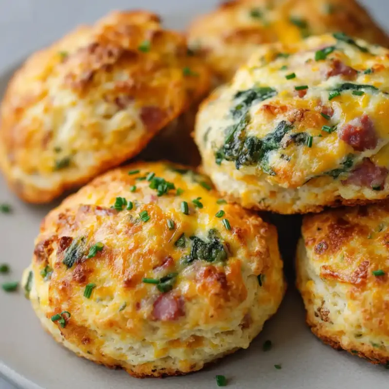Golden breakfast protein biscuits topped with chives on a plate